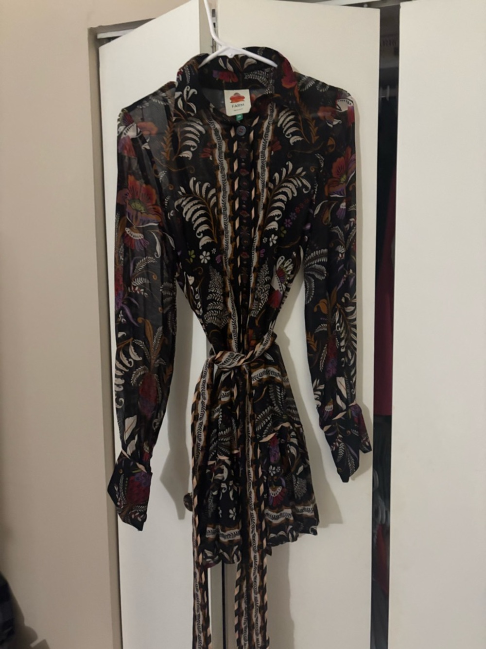 Farm Rio Sheer Black Floral Tie-Waist Dress